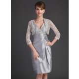Sheath V-neck Knee-Length Taffeta Mother of the Bride Dress With Lace Beading (008021085)