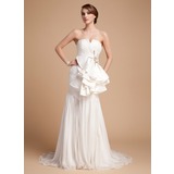 Sheath/Column V-neck Sweep Train Chiffon Satin Wedding Dress With Ruffle Beadwork (002014497)