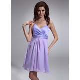 Império Decote V Curto/ Mini Chifon cetim Vestido de madrinha com Pregueado Beading Sequins (022018794)