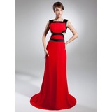 Sheath Square Necklin Court Train Chiffon Charmeuse Evening Dress With Sash (008015393)