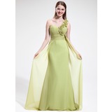 Tubo Um ombro Cauda vassoura Chiffon Vestido de madrinha com Pregueado fecho de correr (018025604)