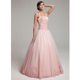 De baile Frente única Vestidos longo Tafetá Tule Vestido quinceanera com Pregueado Rendas Bordado (021002881)