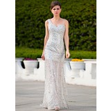 A-formet/Prinsesse En skuldret/asymmetrisk Sweep Brudeslep Satin Tulle Ballkjole med Beading Paljetter (018024346)