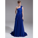 A-Line/Princess One-Shoulder Court Train Chiffon Mother of the Bride Dress With Lace Beading Flower(s) Sequins (008006524)
