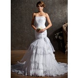 Mermaid Strapless Court Train Organza Satin Wedding Dress With Ruffle Beadwork (002011553)