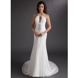 Sheath Scoop Neck Chapel Train Chiffon Prom Dress With Ruffle Beading (018016766)
