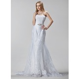Sheath/Column Sweetheart Court Train Satin Tulle Wedding Dress With Embroidery Lace Beadwork Sequins (002005188)