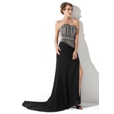 Sheath Scalloped Neck Sweep Train Chiffon Evening Dress With Beading (017005818)