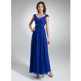 A-Line/Princess V-neck Ankle-Length Chiffon Evening Dress With Ruffle Beading Flower(s) (017020710)