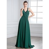 Imperium Halter Watteau Slep Chiffon Ballkjole med Frynse Profilering (018004885)