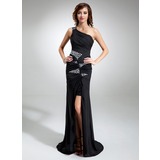 Sheath One-Shoulder Sweep Train Chiffon Sequined Prom Dress With Ruffle Beading (018020819)