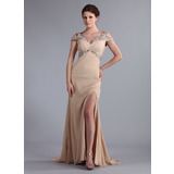 Nauwaansluitend Open-Schouder Korte Sleep Chiffon Avondjurk met Beading (017022796)