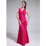 Sheath V-neck Floor-Length Taffeta Bridesmaid Dress With Ruffle (007025366)