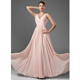 A-Line/Princess V-neck Floor-Length Chiffon Prom Dress With Ruffle (018005068)
