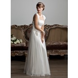 A-Line/Princess Square Neckline Floor-Length Tulle Wedding Dress With Ruffle Beadwork (002011588)