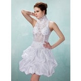 A-Line/Princess High Neck Knee-Length Taffeta Lace Cocktail Dress With Ruffle Beading (016008897)