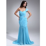 Mermaid One-Shoulder Court Train Chiffon Evening Dress With Ruffle Crystal Brooch (017020687)