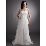 Império Um ombro Cauda corte Organza Vestido de noiva com Pregueado Bordado (002012637)