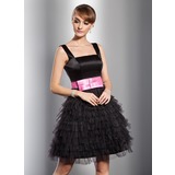 A-Line/Princess Square Neckline Knee-Length Satin Tulle Cocktail Dress With Sash (016025851)