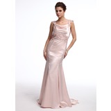 Mermaid Cowl Neck Sweep Train Charmeuse Evening Dress With Lace Beading (017025319)