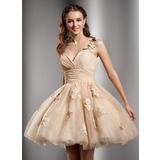 A-Line/Princess One-Shoulder Knee-Length Chiffon Tulle Homecoming Dress With Ruffle Beading Flower(s) (022020672)