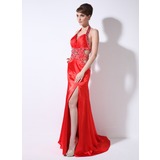 Sheath Sweetheart Watteau Train Charmeuse Prom Dress With Ruffle Beading (018005255)