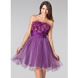 Vestidos princesa/ Formato A Sem alça Curto/ Mini Tule Charmeuse Vestido de boas vindas com Pregueado Bordado fecho de correr (022004444)
