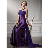 Sheath V-neck Watteau Train Chiffon Charmeuse Prom Dress With Ruffle Beading (018004881)
