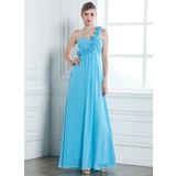 Empire One-Shoulder Floor-Length Chiffon Evening Dress With Ruffle Flower(s) (017004353)