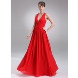 A-Lijn/Prinses V-nek Vloerlengte Chiffon Avondjurk met Roes (017022544)