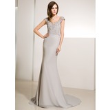 Sirena Scollo a V Corte dei treni Chiffon Charmeuse Madre della Sposa Abiti con Increspatura Perline (008014219)