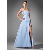 A-Line/Princess One-Shoulder Floor-Length Chiffon Prom Dress With Ruffle Beading Sequins (018005108)