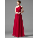 Império Um ombro Vestidos longo Chifon Vestido de madrinha com Pregueado fecho de correr (007013957)