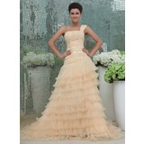 Ball-Gown One-Shoulder Chapel Train Chiffon Tulle Prom Dress With Ruffle Lace Beading (018017391)