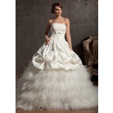 Ball-Gown Scalloped Neck Chapel Train Satin Tulle Wedding Dress With Beadwork Flower(s) (002014861)