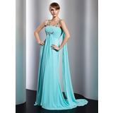 Empire Square Necklin Watteau Train Chiffon Evening Dress With Ruffle Beading (017014806)