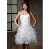 A-Line/Princess Sweetheart Knee-Length Satin Tulle Lace Wedding Dress With Ruffle Sashes Beadwork Sequins (002012778)