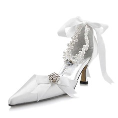 Satin Spool Heel Closed Toe Pumps Wedding Shoes With Imitation Pearl Rhinestone Ribbon Tie (047004903)