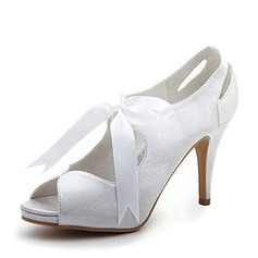 Satin Stiletto Heel Peep Toe Platform Pumps Wedding Shoes With Ribbon Tie (047005035)