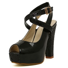 Leatherette Chunky Heel Peep Toe Pumps With Buckle (085025154)
