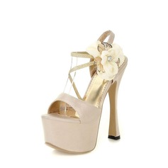 Satin Spool Heel Platform Sandals With Satin Flower (087023583)