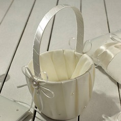 Flower Basket in Ivory Satin With Faux Pearl and Bow(102018038)