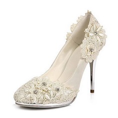 Satin Stiletto Heel Closed Toe Pumps Wedding Shoes With Rhinestone Satin Flower (047020106)