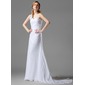 A-Line/Princess One-Shoulder Court Train Chiffon Wedding Dress With Ruffle Beadwork Flower(s) (002000446)