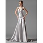 A-Line/Princess V-neck Court Train Charmeuse Evening Dress With Ruffle Crystal Brooch (017004173)