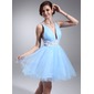 A-Line/Princess V-neck Knee-Length Satin Tulle Homecoming Dress With Ruffle Beading (022020711) A-Line/Princess V-neck Knee-Length Satin Tulle Homecoming Dress With Ruffle Beading (022020711)