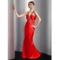 Sheath V-neck Floor-Length Satin Prom Dress With Ruffle Beading (018014737)