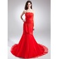 Mermaid Strapless Chapel Train Organza Satin Prom Dress With Ruffle Lace Beading Flower(s) (018015900) Mermaid Strapless Chapel Train Organza Satin Prom Dress With Ruffle Lace Beading Flower(s) (018015900)