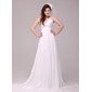 Empire V-neck Court Train Chiffon Wedding Dress With Ruffle Beadwork (002014031)