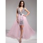 Sheath V-neck Asymmetrical Chiffon Tulle Prom Dress With Beading (018018996) Sheath V-neck Asymmetrical Chiffon Tulle Prom Dress With Beading (018018996)